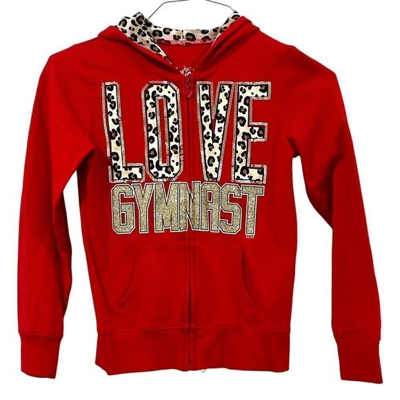Justice Red Leopard SPARKLE  Zip Up Jacket Youth Girls Size 8 Gymnastics Cheer - Picture 1 of 8